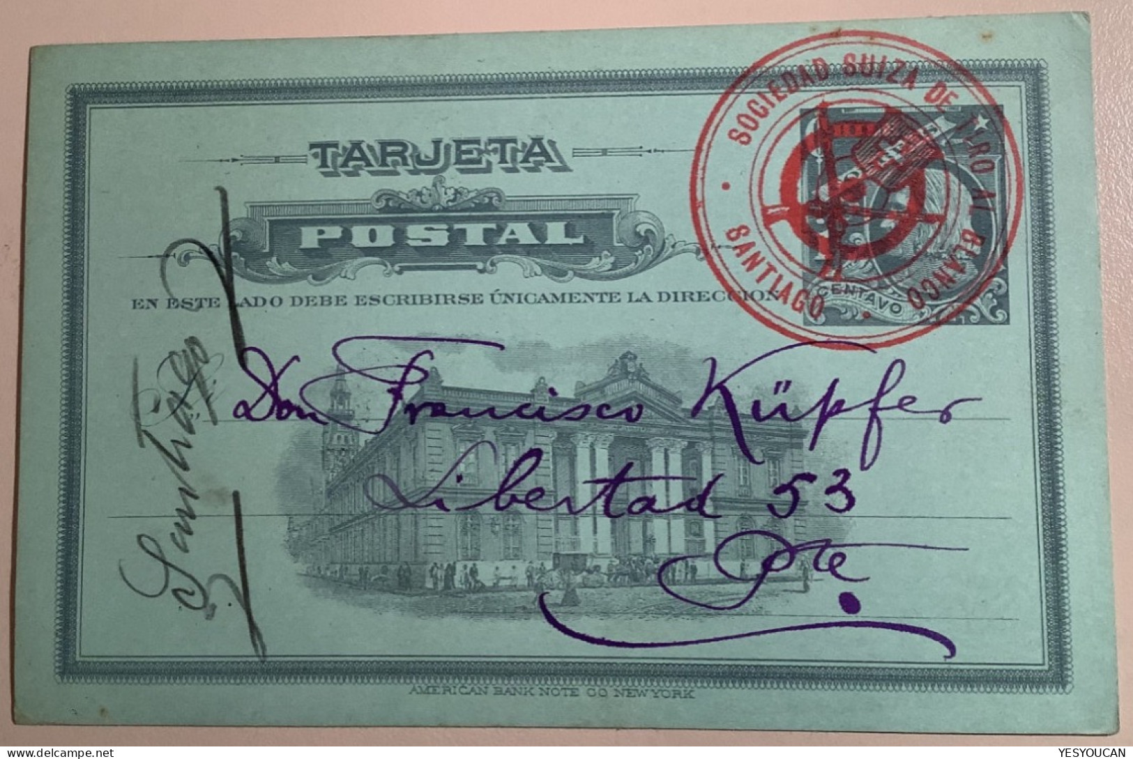 RRR ! PMK 1907„SOCIEDAD SUIZA TIRO AL BLANCO SANTIAGO“postal Stationery Card (Chile Schweiz Schützenfest Shooting Tir - Chili