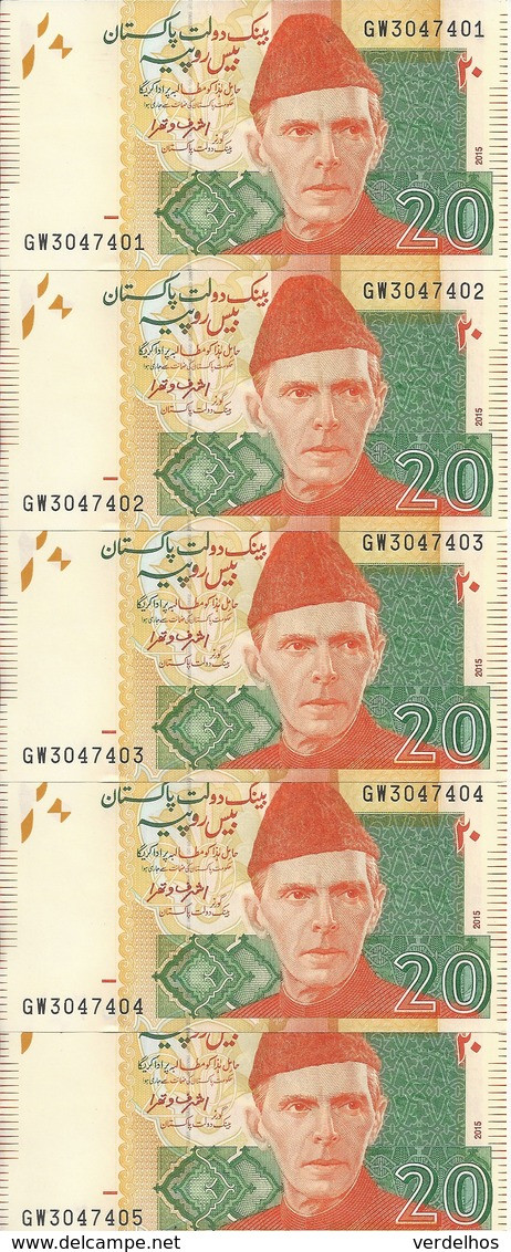 PAKISTAN 20 RUPEES 2015 UNC P 55 I ( 5 Billets ) - Pakistan