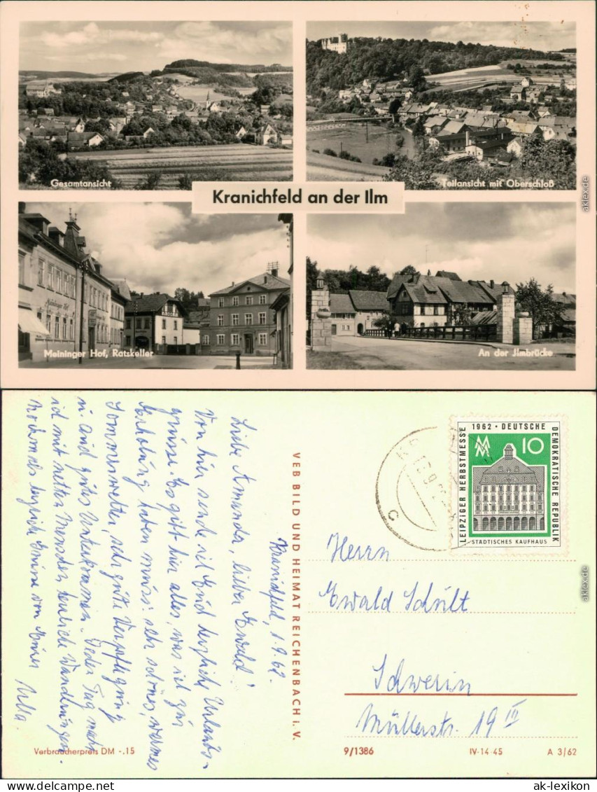 Ansichtskarte Kranichfeld Panorama, Teilansicht, Ratskeller, Ilmbrücke 1962 - Kranichfeld