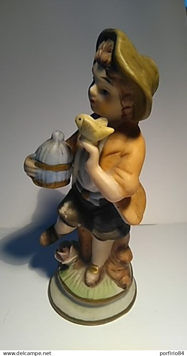 VINTAGE STATUETTA PORCELLANA BISQUIT CAPODIMONTE - BAMBINO CON UCCELLINO - Capodimonte (ITA)