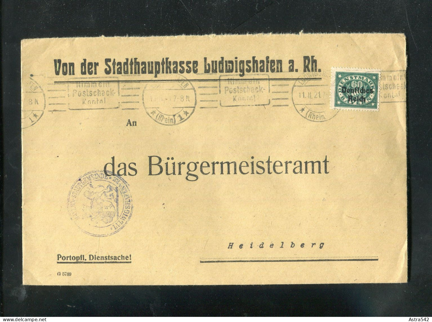 "DEUTSCHES REICH" 1921, Dienstmarke Mi. 71 EF Auf Dienstbrief Ex Stadthauptkasse Ludwigshafen (50154) - Dienstmarken