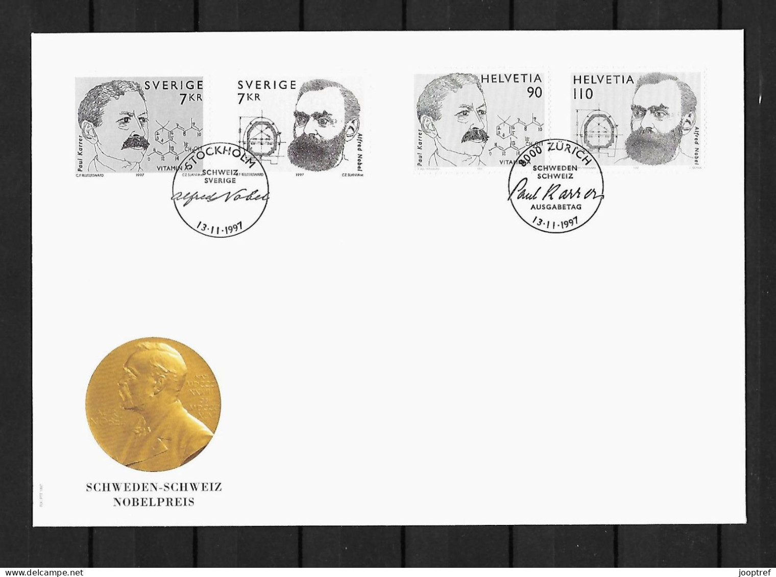 1997 Joint Switzerland And Sweden, SWISS MIXED FDC 2+2 STAMPS: Nobel Prize Winners - Emissions Communes