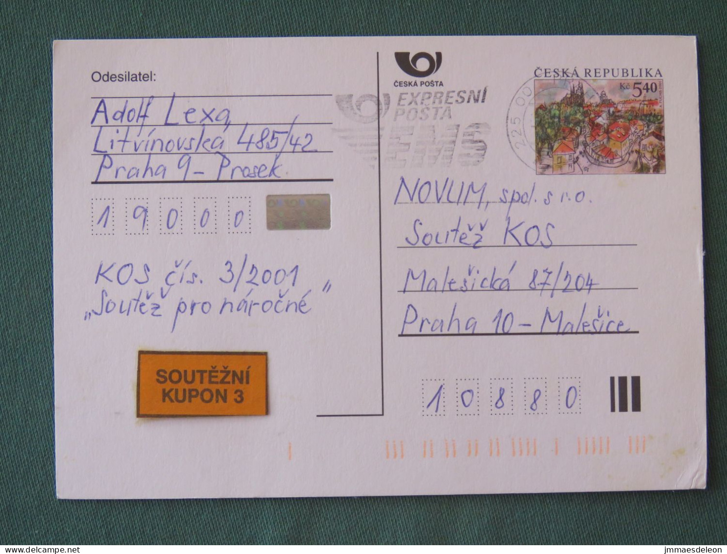 Czech Republic 2001 Stationery Postcard 5.40 Kcs Prague Sent Locally From Prague, EMS Slogan - Briefe U. Dokumente