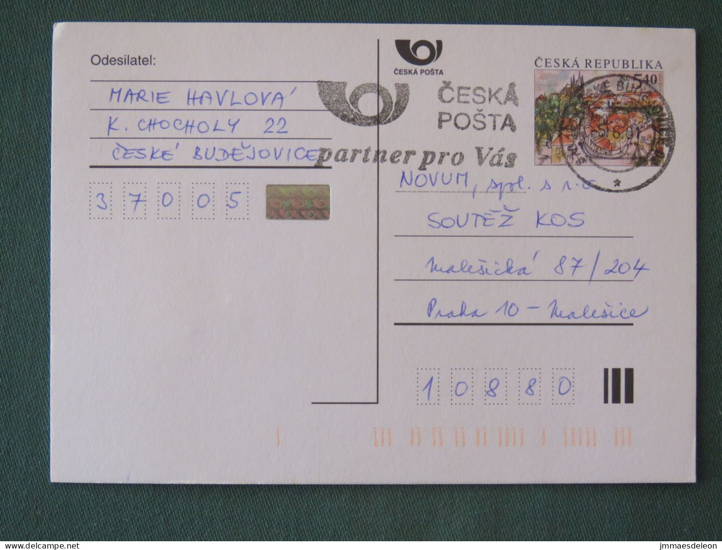 Czech Republic 2001 Stationery Postcard 5.40 Kcs Prague Sent Locally From Ceske Budejovice, Post Partner Slogan - Covers & Documents