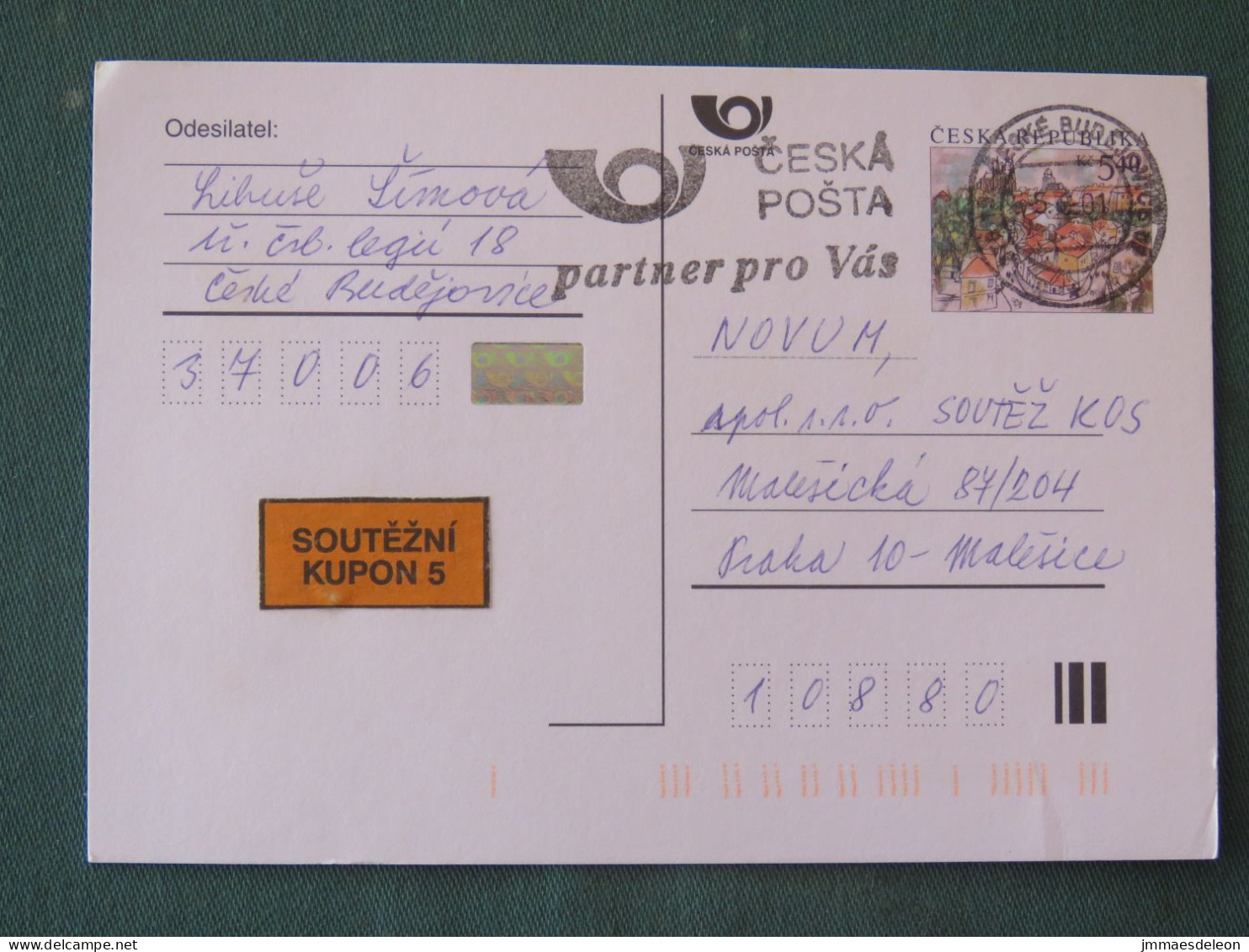 Czech Republic 2001 Stationery Postcard 5.40 Kcs Prague Sent Locally From Ceske Budejovice, Post Partner Slogan - Brieven En Documenten
