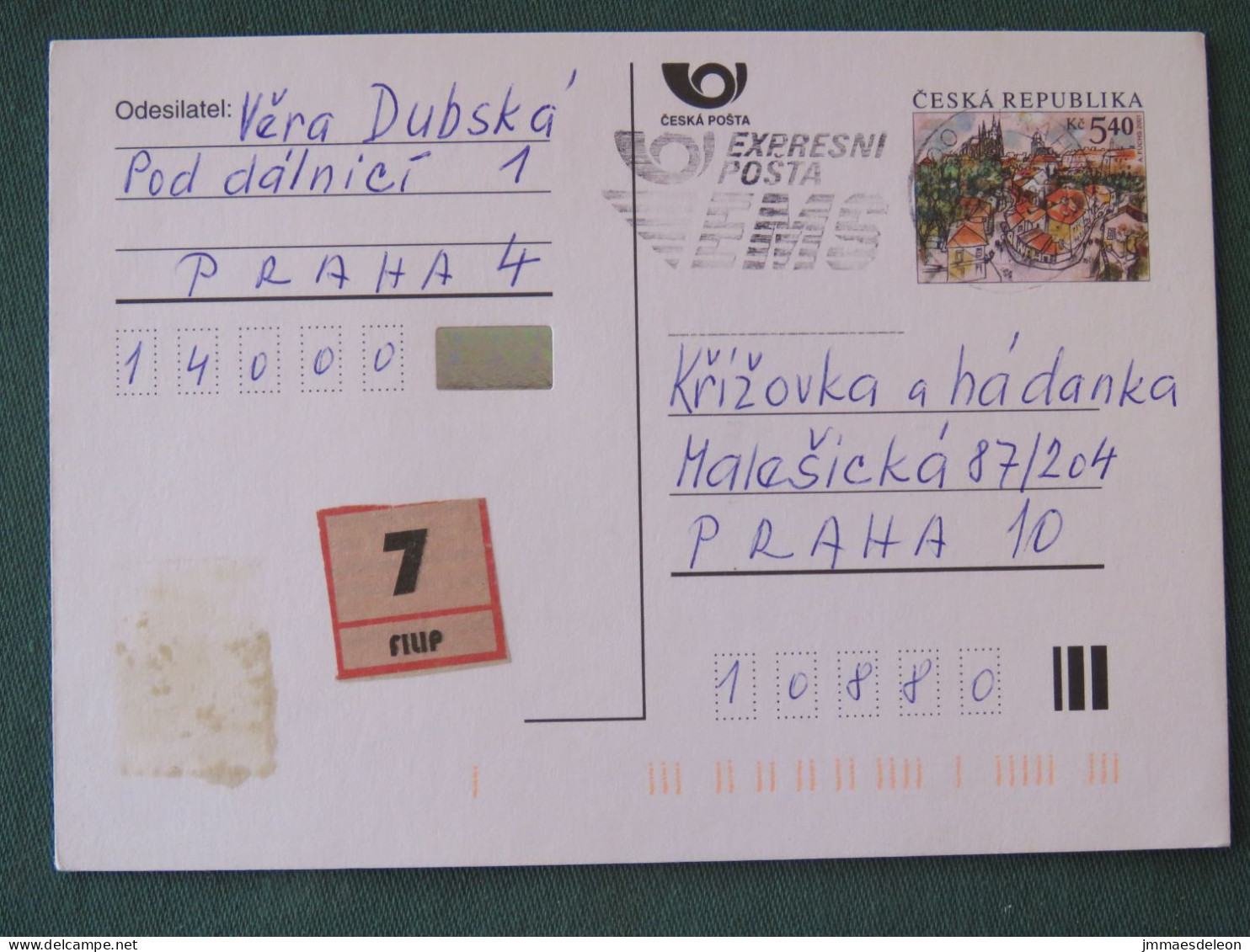 Czech Republic 2001 Stationery Postcard 5.40 Kcs Prague Sent Locally From Prague, EMS Slogan - Brieven En Documenten