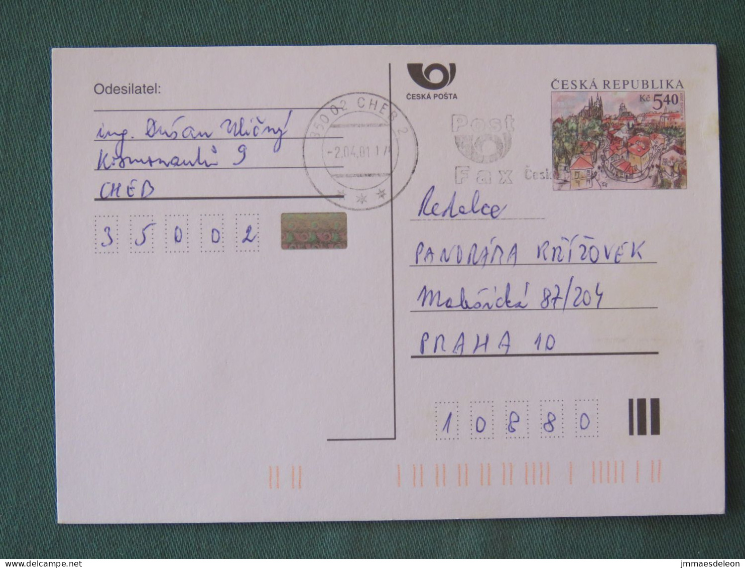 Czech Republic 2001 Stationery Postcard 5.40 Kcs Prague Sent Locally From Cheb, Post Fax Slogan - Storia Postale