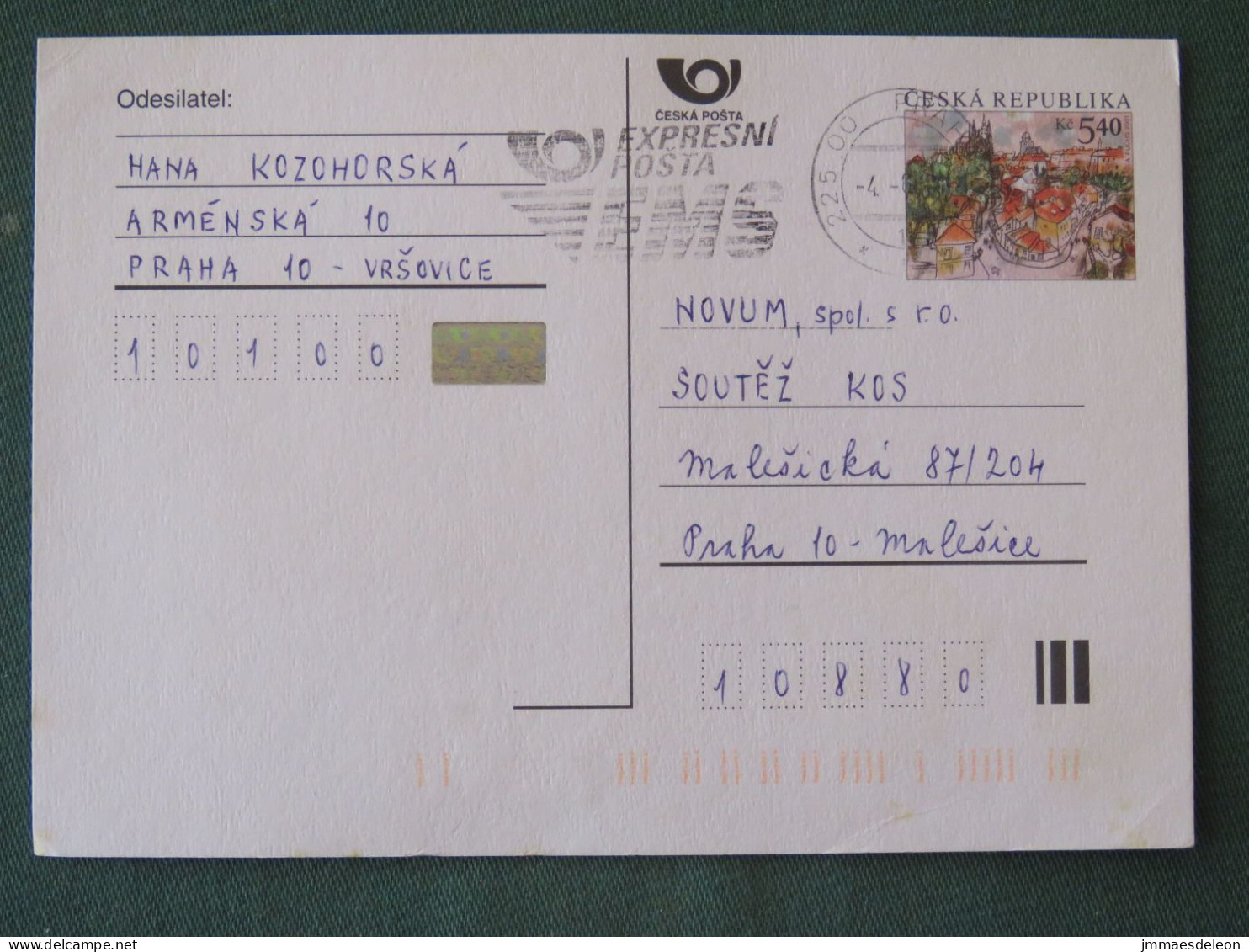 Czech Republic 2001 Stationery Postcard 5.40 Kcs Prague Sent Locally From Prague, EMS Slogan - Storia Postale