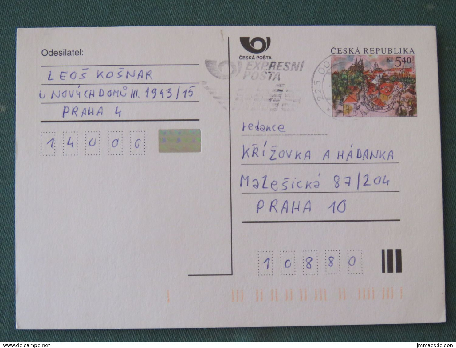 Czech Republic 2001 Stationery Postcard 5.40 Kcs Prague Sent Locally From Prague, EMS Slogan - Briefe U. Dokumente