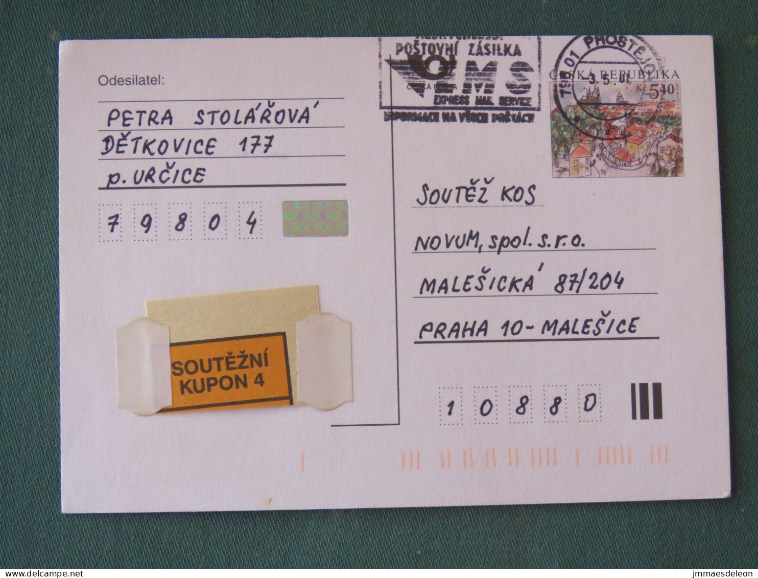 Czech Republic 2001 Stationery Postcard 5.40 Kcs Prague Sent Locally From Prostejov, EMS Slogan - Covers & Documents