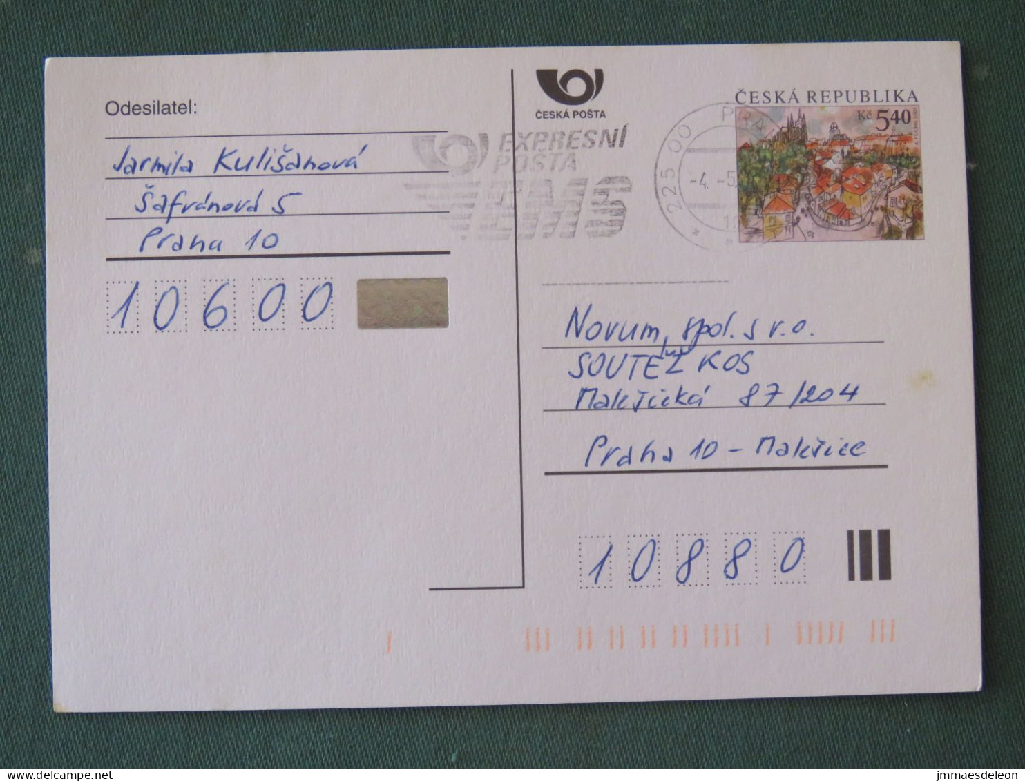 Czech Republic 2001 Stationery Postcard 5.40 Kcs Prague Sent Locally From Prague, EMS Slogan - Briefe U. Dokumente