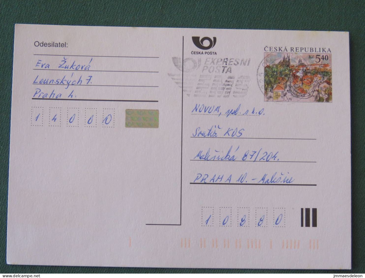 Czech Republic 2001 Stationery Postcard 5.40 Kcs Prague Sent Locally From Prague, EMS Slogan - Lettres & Documents