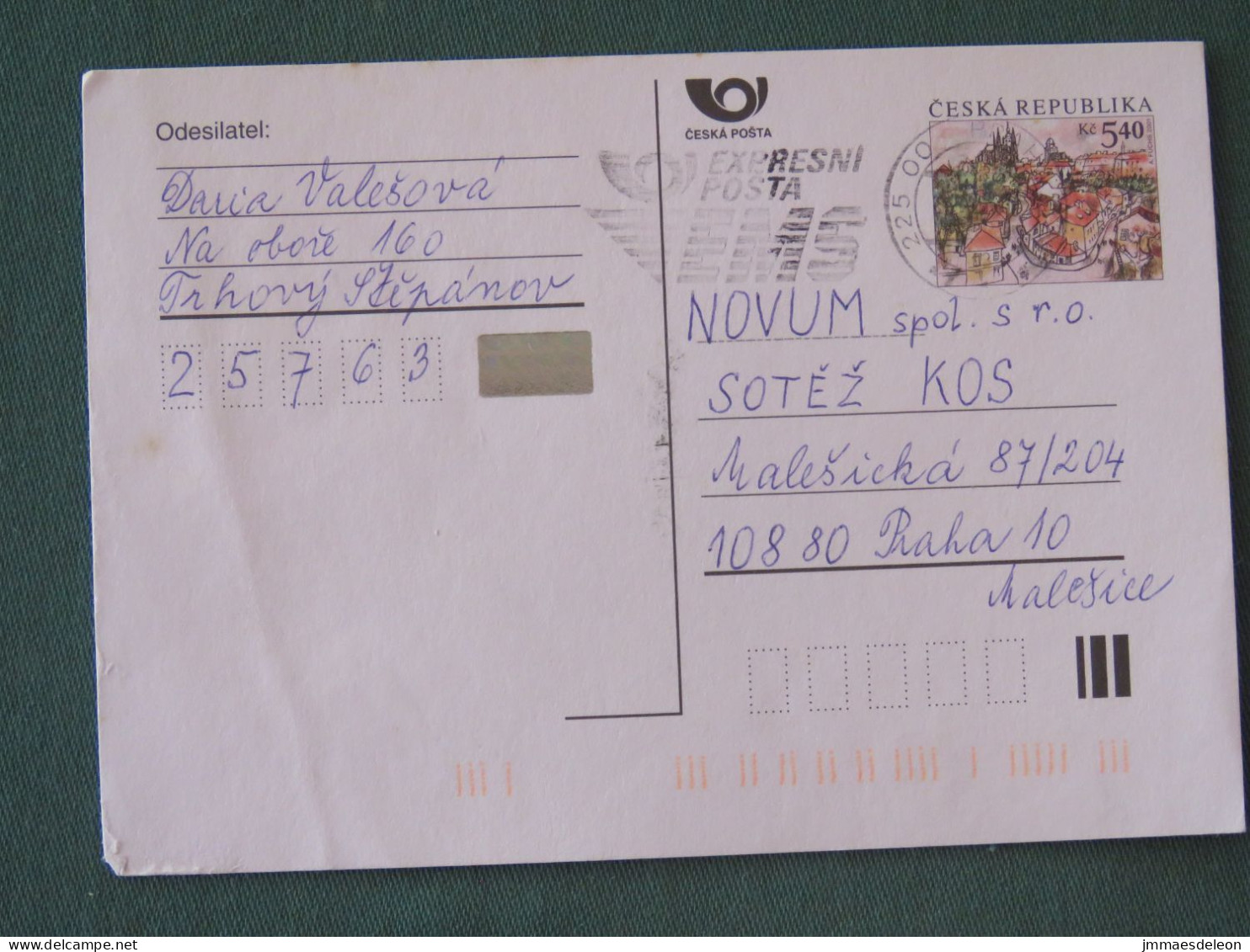 Czech Republic 2001 Stationery Postcard 5.40 Kcs Prague Sent Locally From Prague, EMS Slogan - Brieven En Documenten