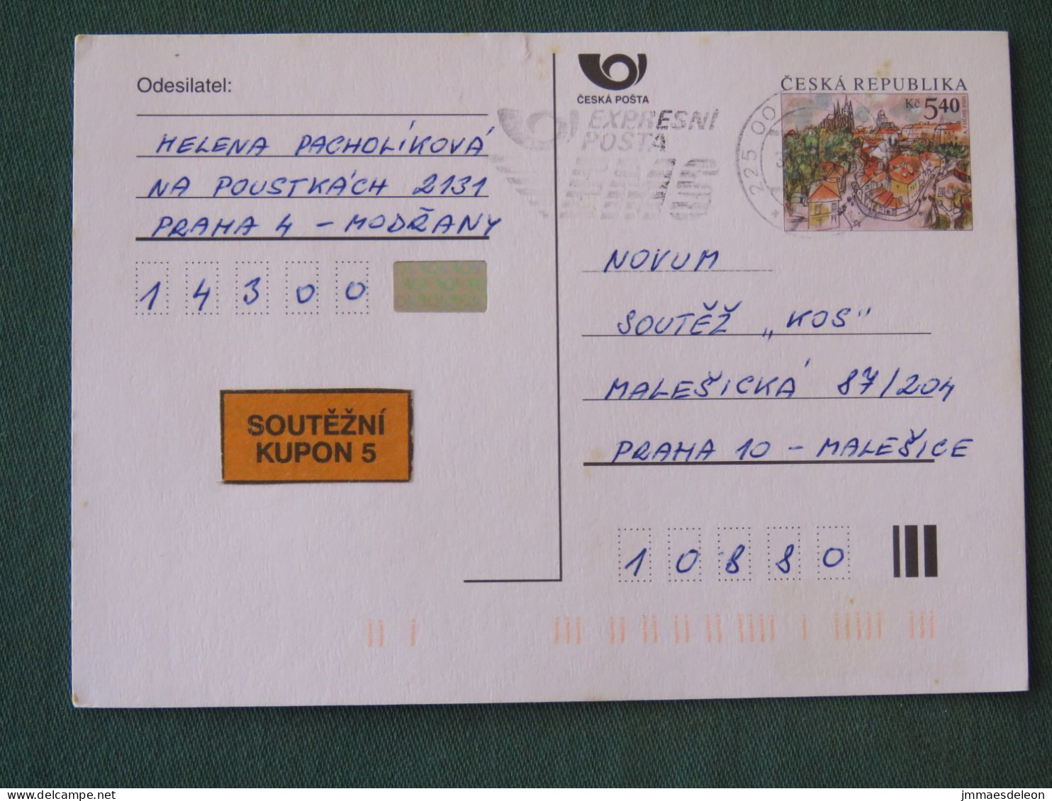 Czech Republic 2001 Stationery Postcard 5.40 Kcs Prague Sent Locally From Prague, EMS Slogan - Brieven En Documenten