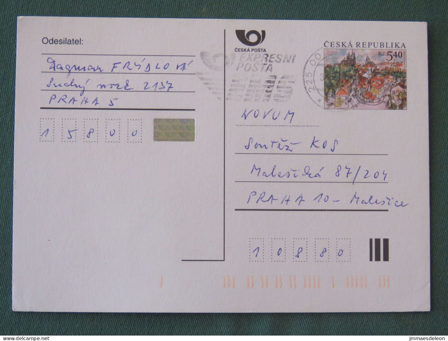 Czech Republic 2001 Stationery Postcard 5.40 Kcs Prague Sent Locally From Prague, EMS Slogan - Brieven En Documenten