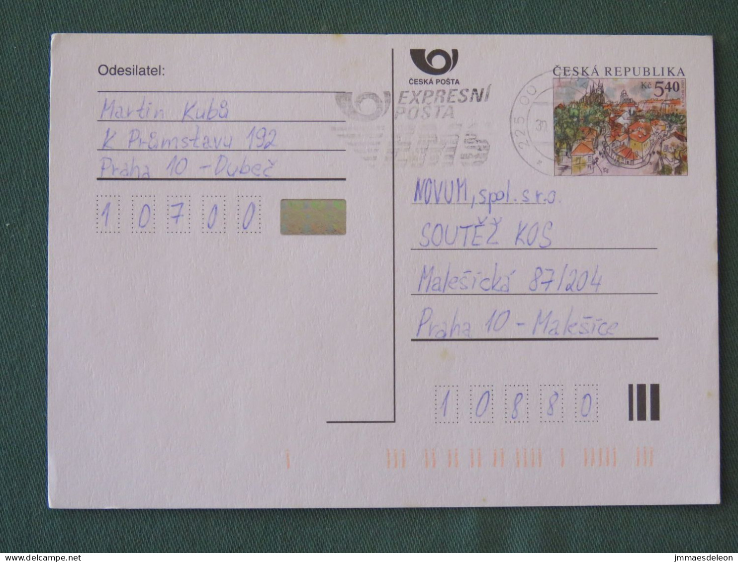 Czech Republic 2001 Stationery Postcard 5.40 Kcs Prague Sent Locally From Prague, EMS Slogan - Briefe U. Dokumente