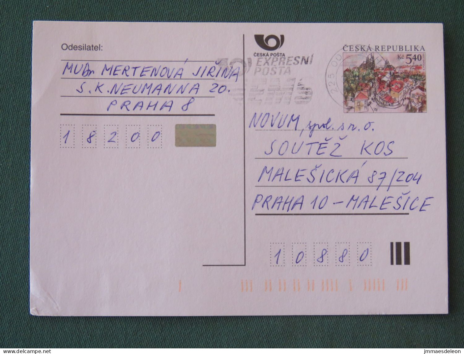 Czech Republic 2001 Stationery Postcard 5.40 Kcs Prague Sent Locally From Prague, EMS Slogan - Covers & Documents