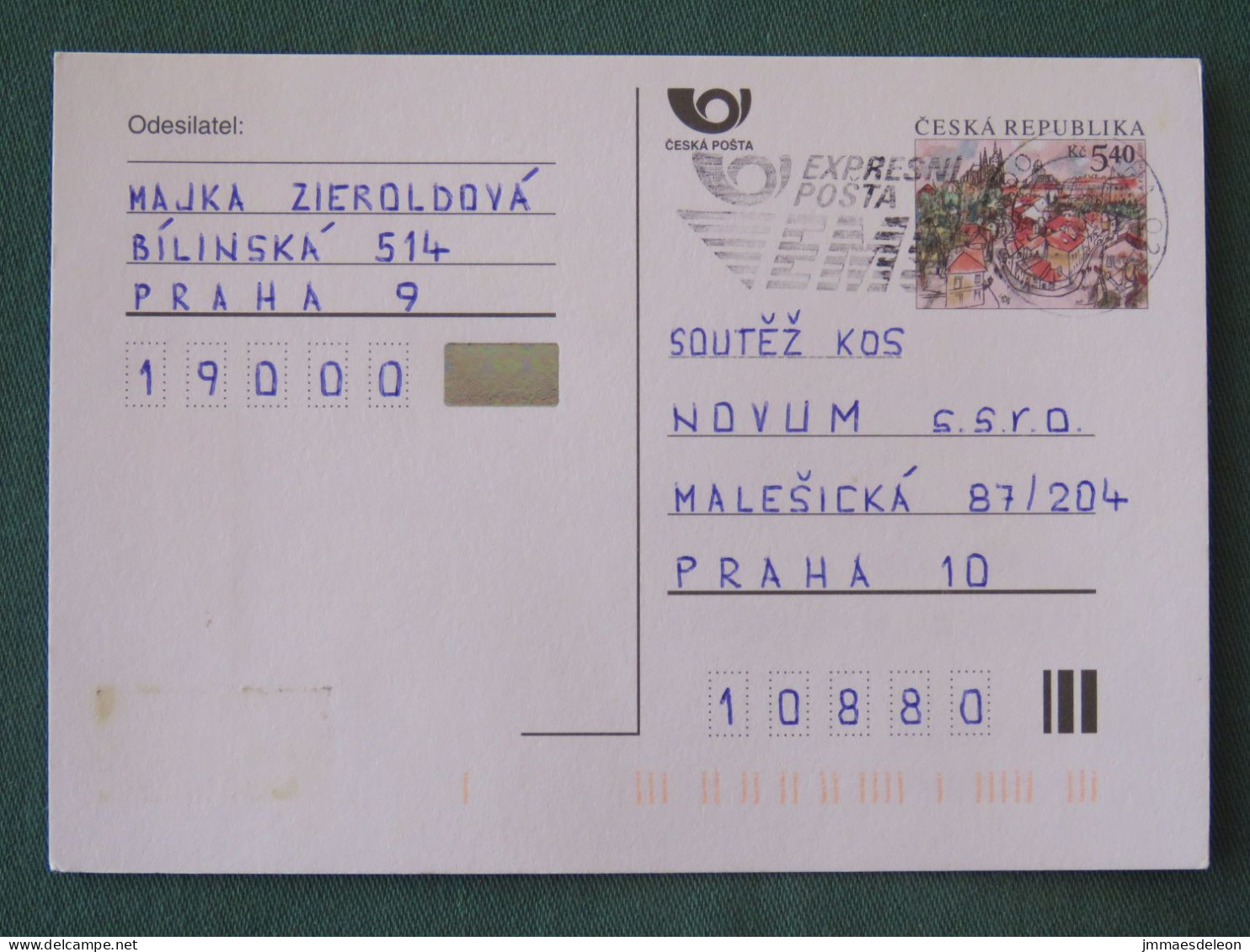 Czech Republic 2001 Stationery Postcard 5.40 Kcs Prague Sent Locally From Prague, EMS Slogan - Brieven En Documenten