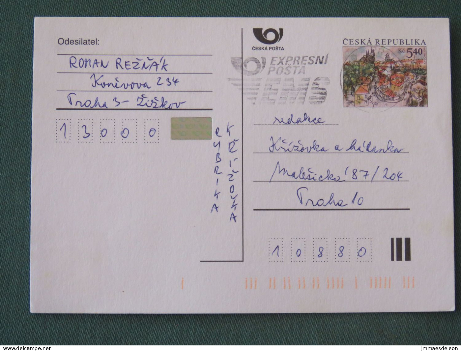 Czech Republic 2001 Stationery Postcard 5.40 Kcs Prague Sent Locally From Prague, EMS Slogan - Covers & Documents