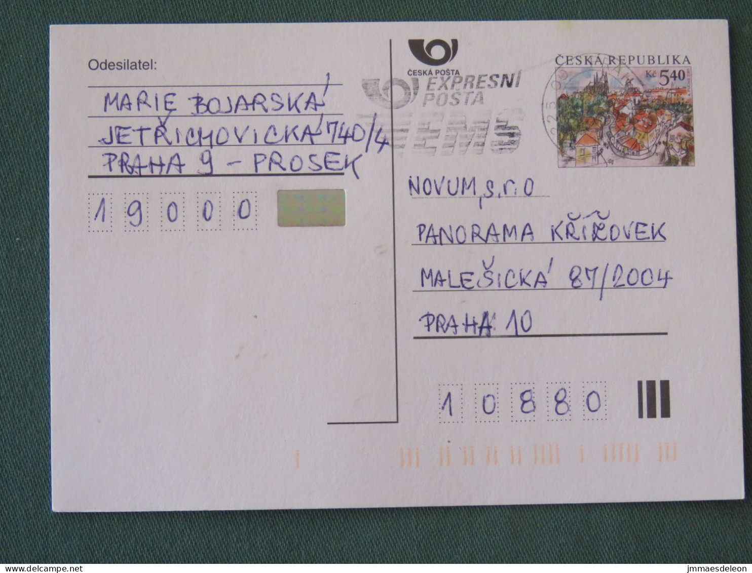 Czech Republic 2001 Stationery Postcard 5.40 Kcs Prague Sent Locally From Prague, EMS Slogan - Briefe U. Dokumente