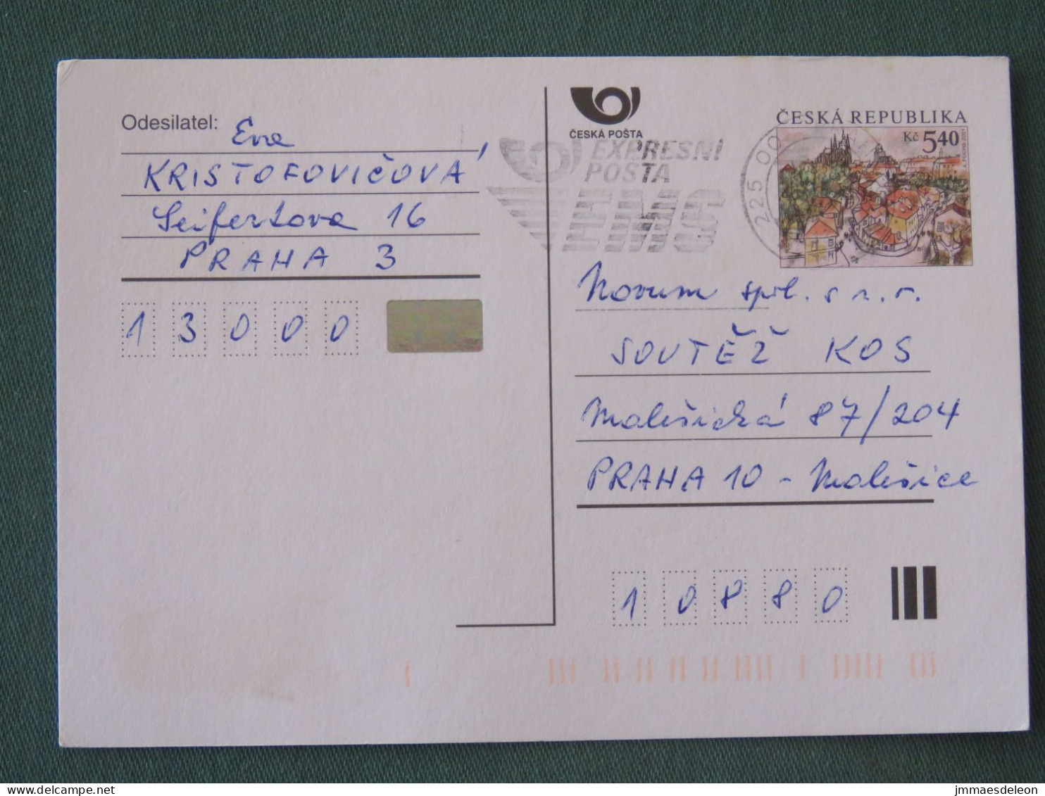 Czech Republic 2001 Stationery Postcard 5.40 Kcs Prague Sent Locally From Prague, EMS Slogan - Brieven En Documenten