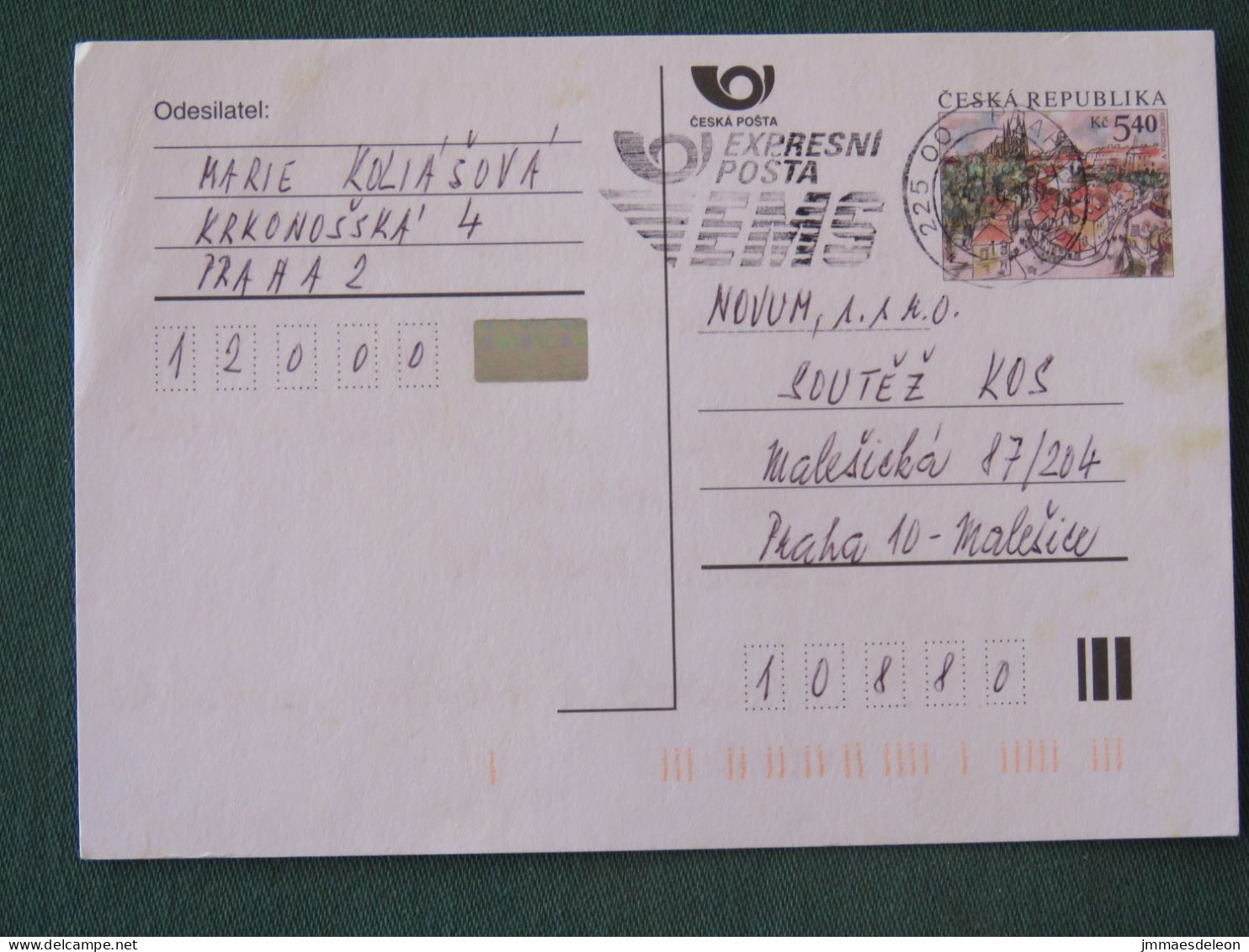 Czech Republic 2001 Stationery Postcard 5.40 Kcs Prague Sent Locally From Prague, EMS Slogan - Briefe U. Dokumente