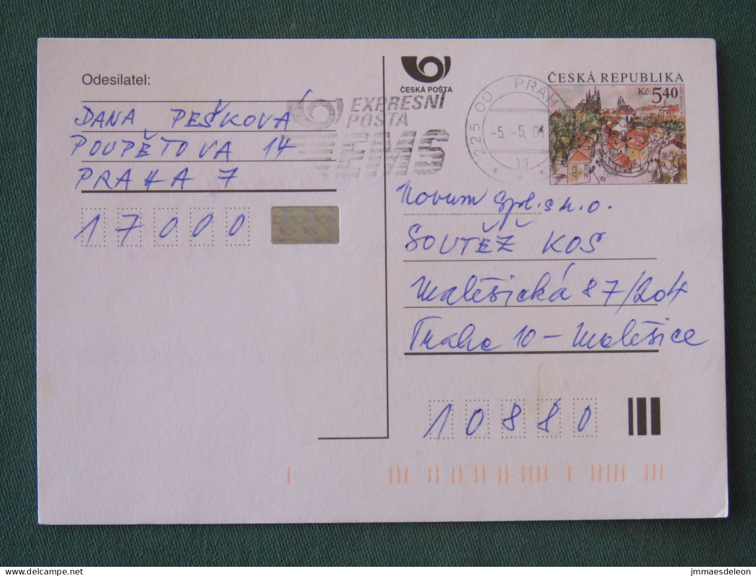 Czech Republic 2001 Stationery Postcard 5.40 Kcs Prague Sent Locally From Prague, EMS Slogan - Covers & Documents