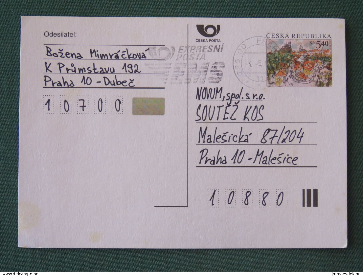 Czech Republic 2001 Stationery Postcard 5.40 Kcs Prague Sent Locally From Prague, EMS Slogan - Covers & Documents