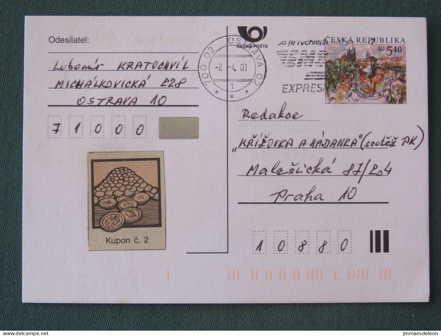 Czech Republic 2001 Stationery Postcard 5.40 Kcs Prague Sent Locally From Ostrava, EMS Slogan - Covers & Documents