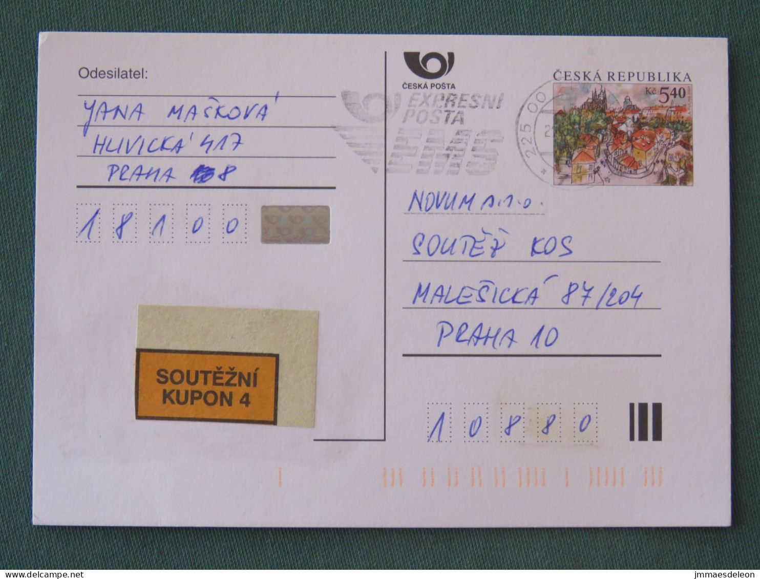 Czech Republic 2001 Stationery Postcard 5.40 Kcs Prague Sent Locally From Prague, EMS Slogan - Covers & Documents