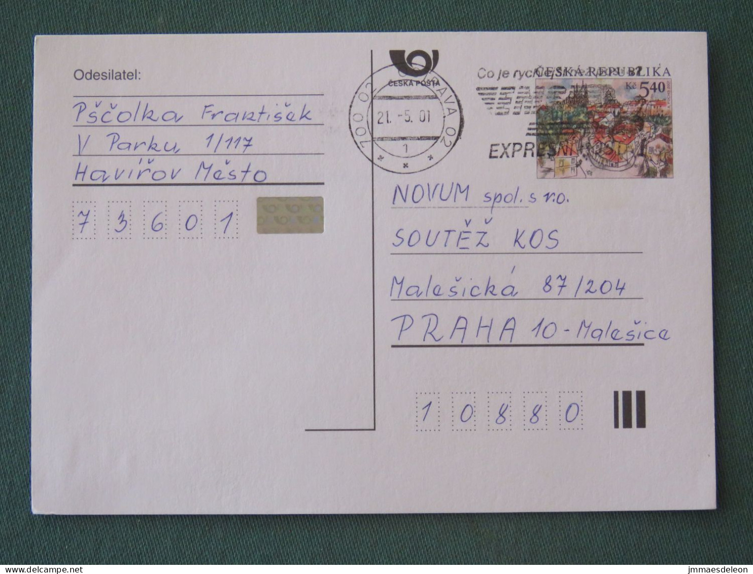 Czech Republic 2001 Stationery Postcard 5.40 Kcs Prague Sent Locally From Ostrava, EMS Slogan - Covers & Documents