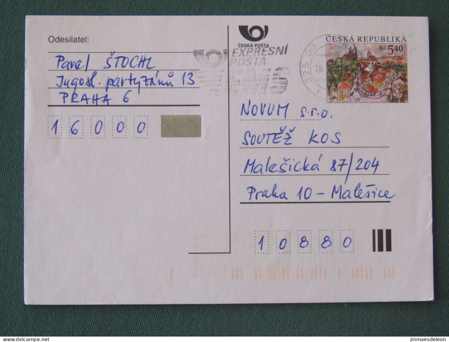 Czech Republic 2001 Stationery Postcard 5.40 Kcs Prague Sent Locally From Prague, EMS Slogan - Briefe U. Dokumente