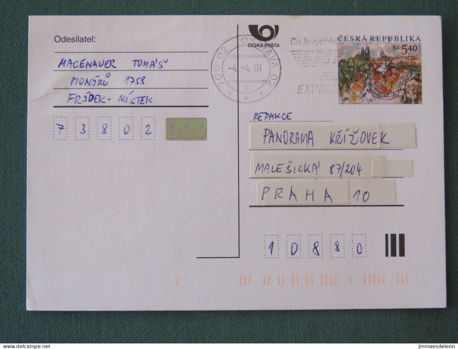 Czech Republic 2001 Stationery Postcard 5.40 Kcs Prague Sent Locally From Ostrava, EMS Slogan - Storia Postale