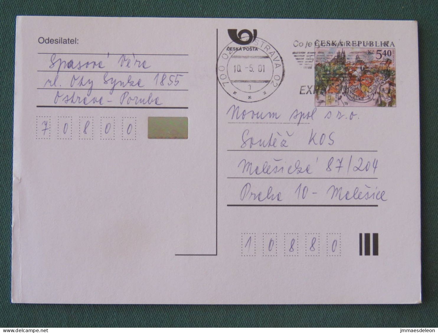 Czech Republic 2001 Stationery Postcard 5.40 Kcs Prague Sent Locally From Ostrava, EMS Slogan - Covers & Documents