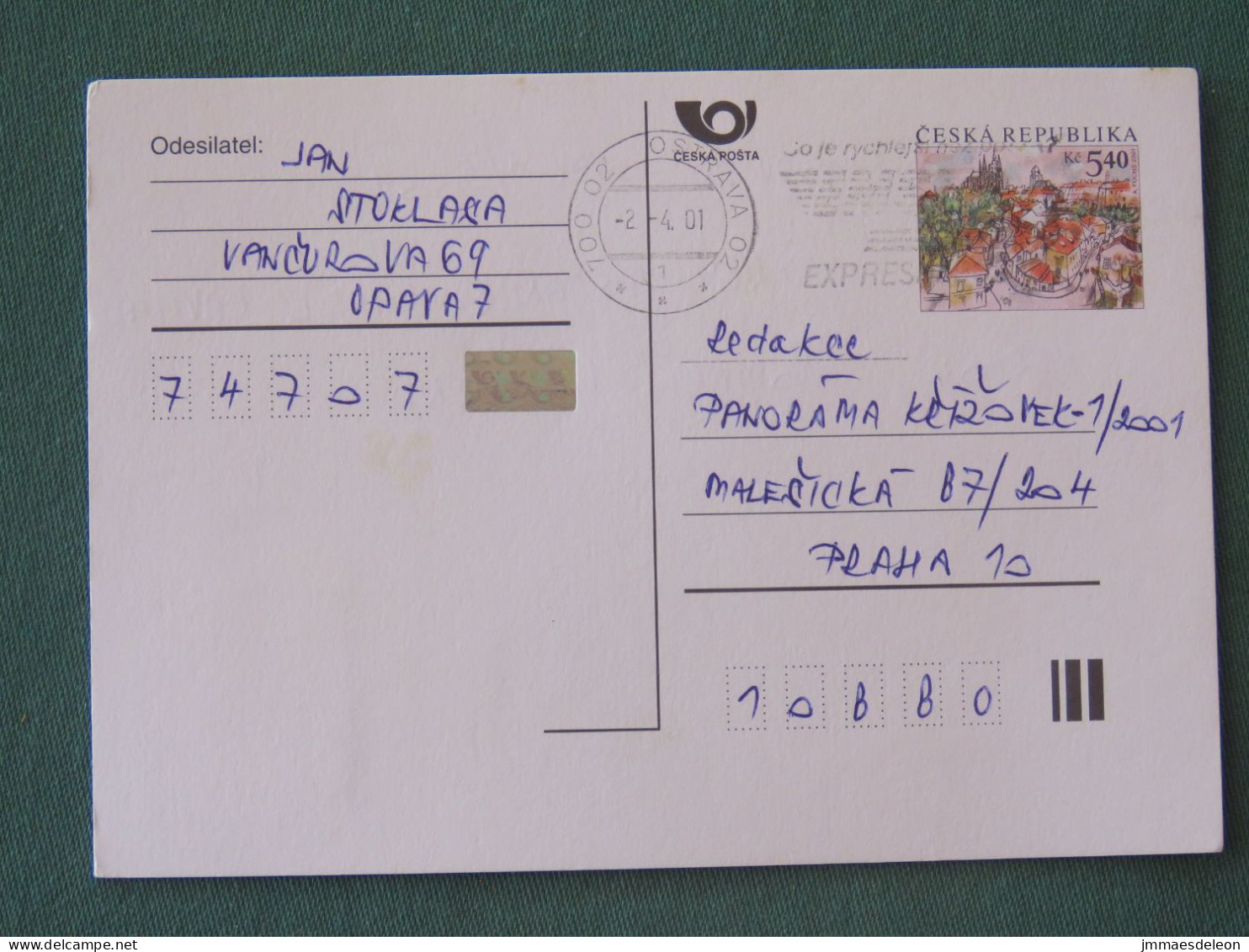 Czech Republic 2001 Stationery Postcard 5.40 Kcs Prague Sent Locally From Ostrava, EMS Slogan - Briefe U. Dokumente