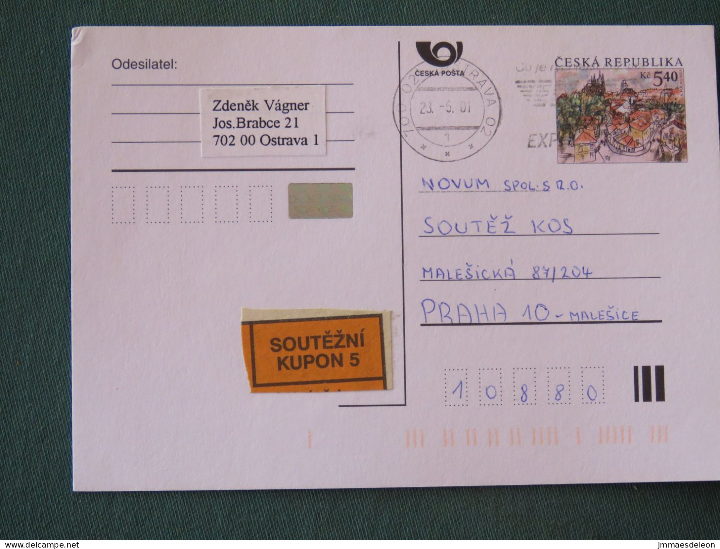 Czech Republic 2001 Stationery Postcard 5.40 Kcs Prague Sent Locally From Ostrava, EMS Slogan - Covers & Documents