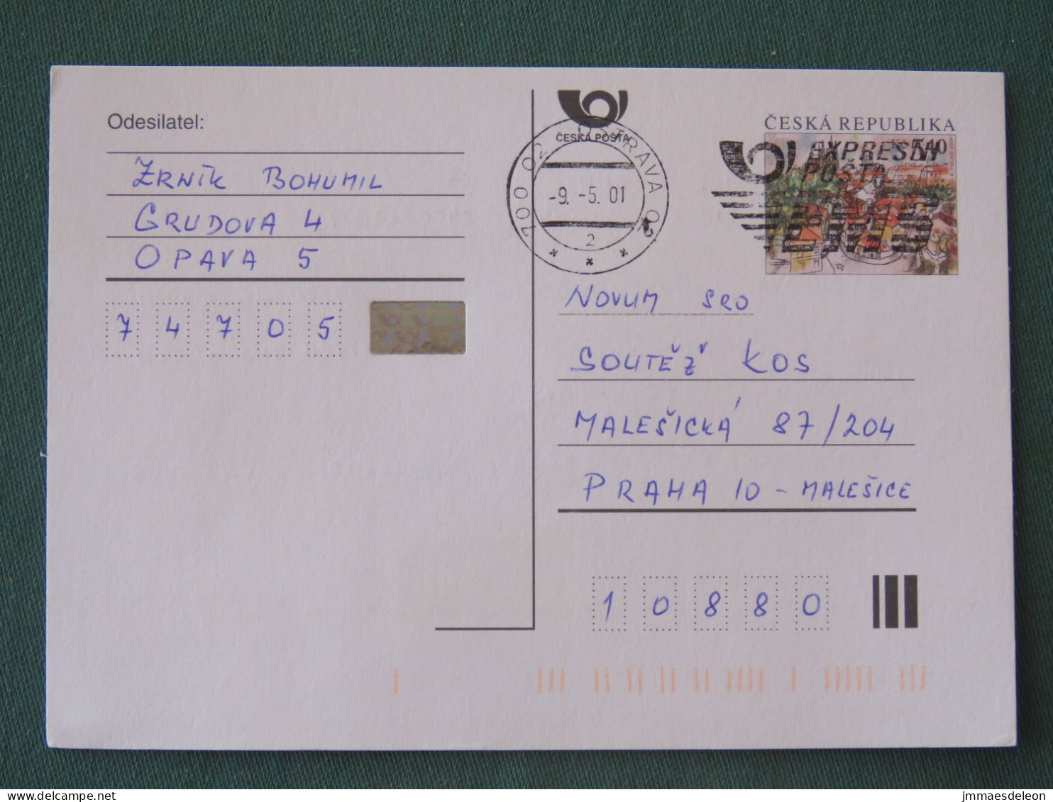 Czech Republic 2001 Stationery Postcard 5.40 Kcs Prague Sent Locally From Ostrava, EMS Slogan - Briefe U. Dokumente