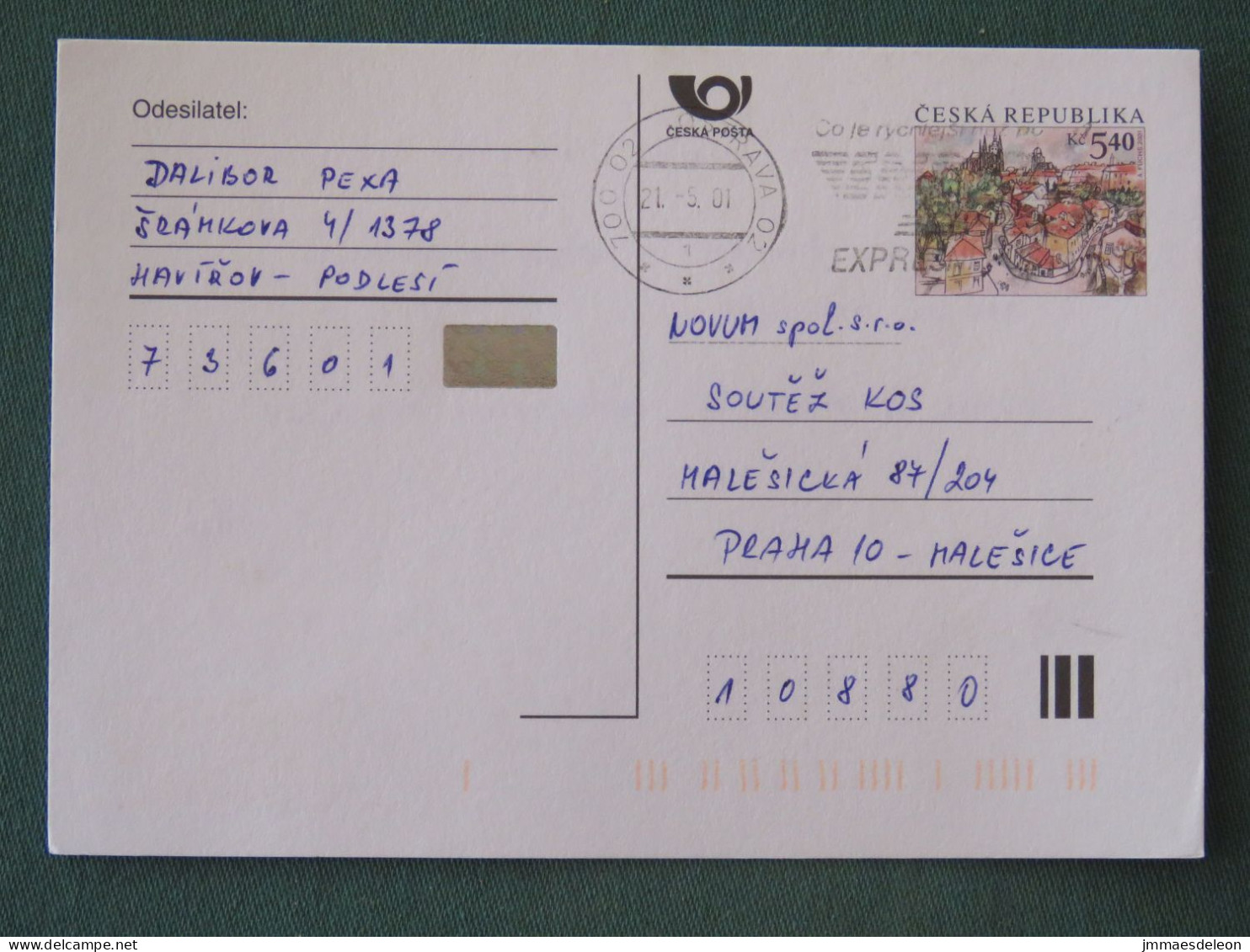 Czech Republic 2001 Stationery Postcard 5.40 Kcs Prague Sent Locally From Ostrava, EMS Slogan - Covers & Documents