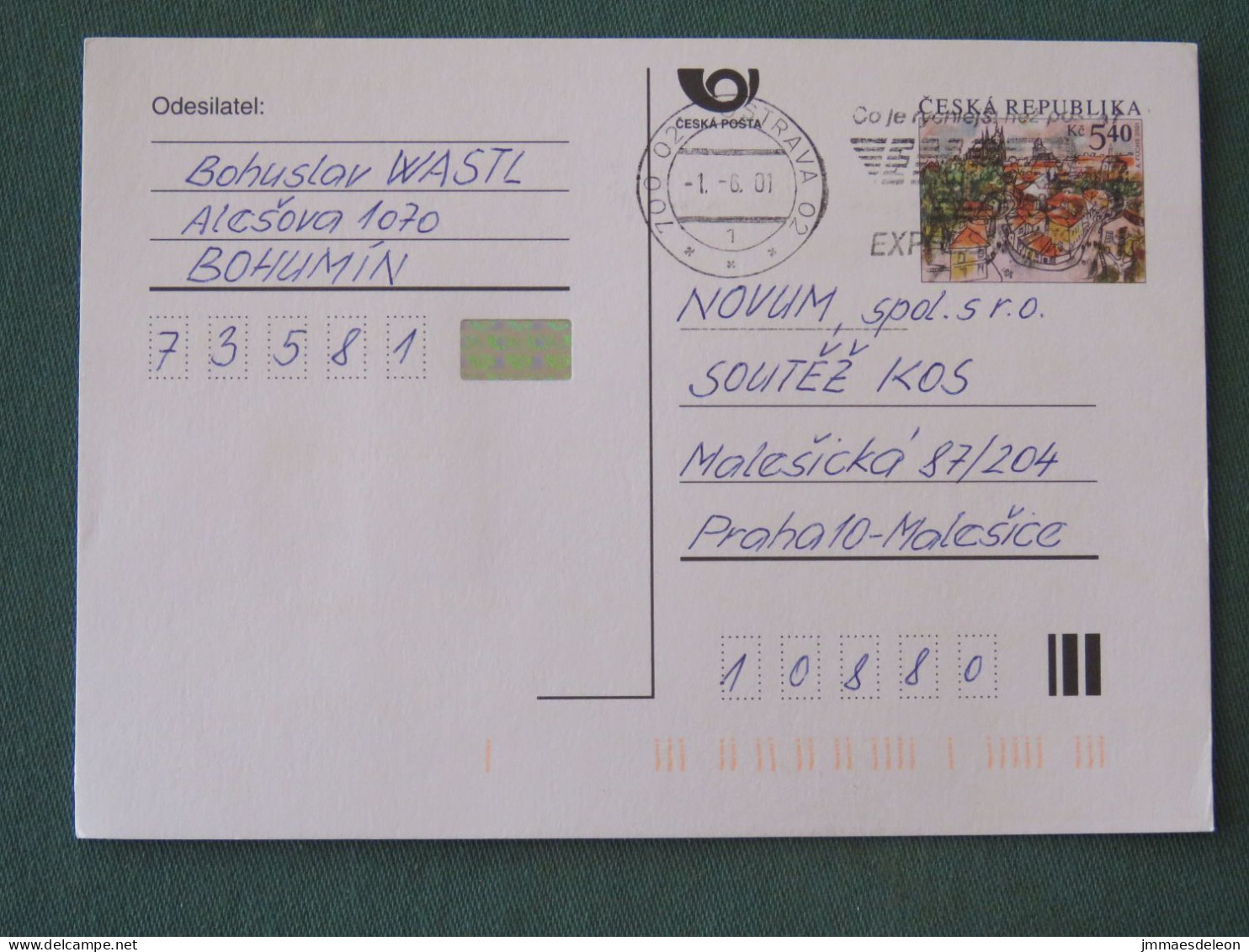 Czech Republic 2001 Stationery Postcard 5.40 Kcs Prague Sent Locally From Ostrava, EMS Slogan - Briefe U. Dokumente