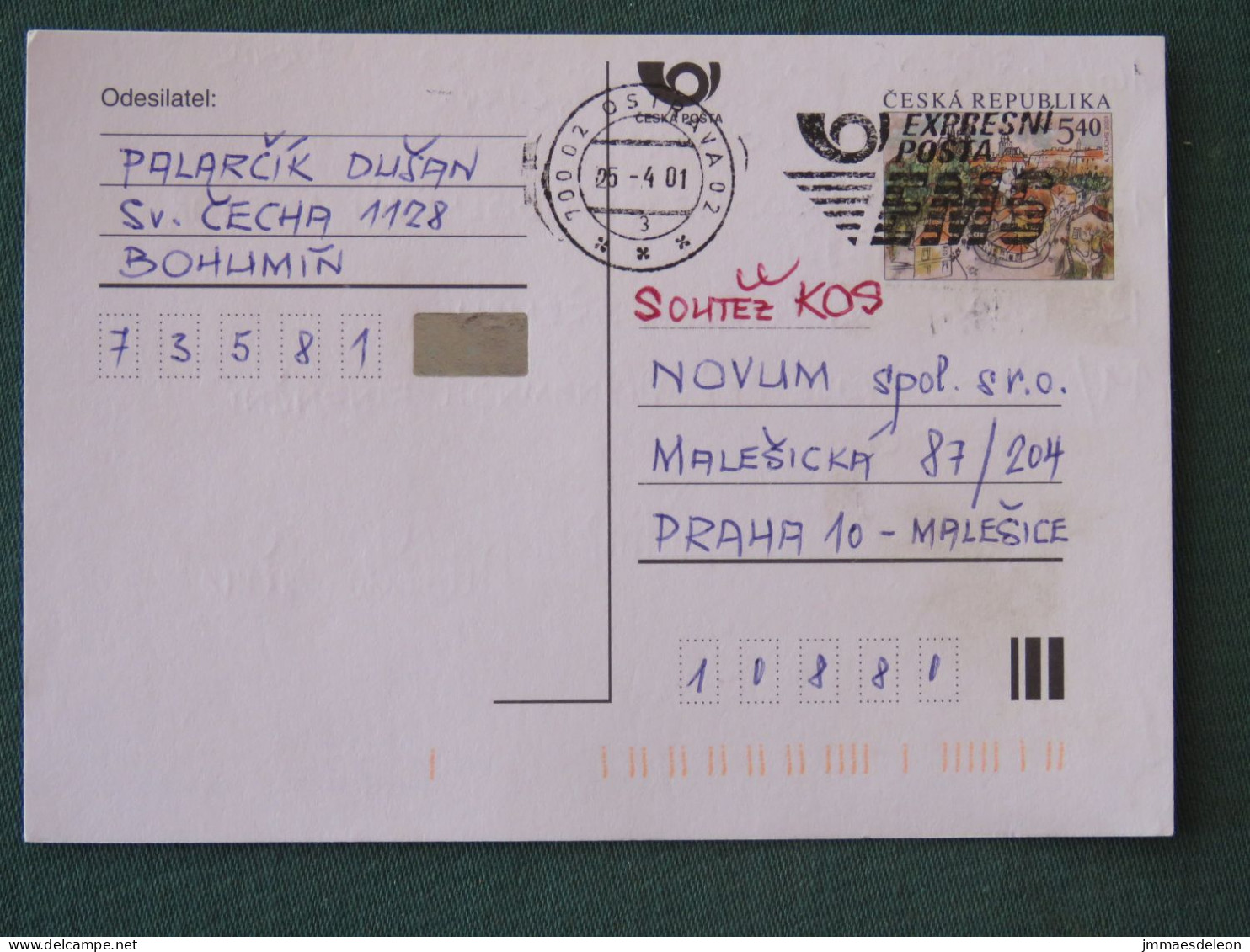 Czech Republic 2001 Stationery Postcard 5.40 Kcs Prague Sent Locally From Ostrava, EMS Slogan - Briefe U. Dokumente