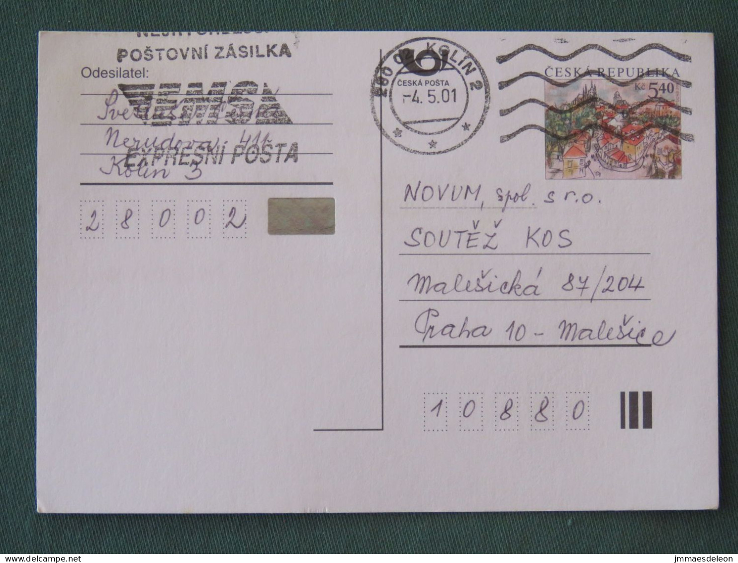 Czech Republic 2001 Stationery Postcard 5.40 Kcs Prague Sent Locally From Kolin, EMS Slogan - Lettres & Documents