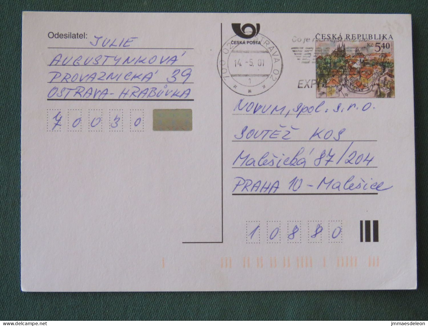 Czech Republic 2001 Stationery Postcard 5.40 Kcs Prague Sent Locally From Ostrava, EMS Slogan - Briefe U. Dokumente