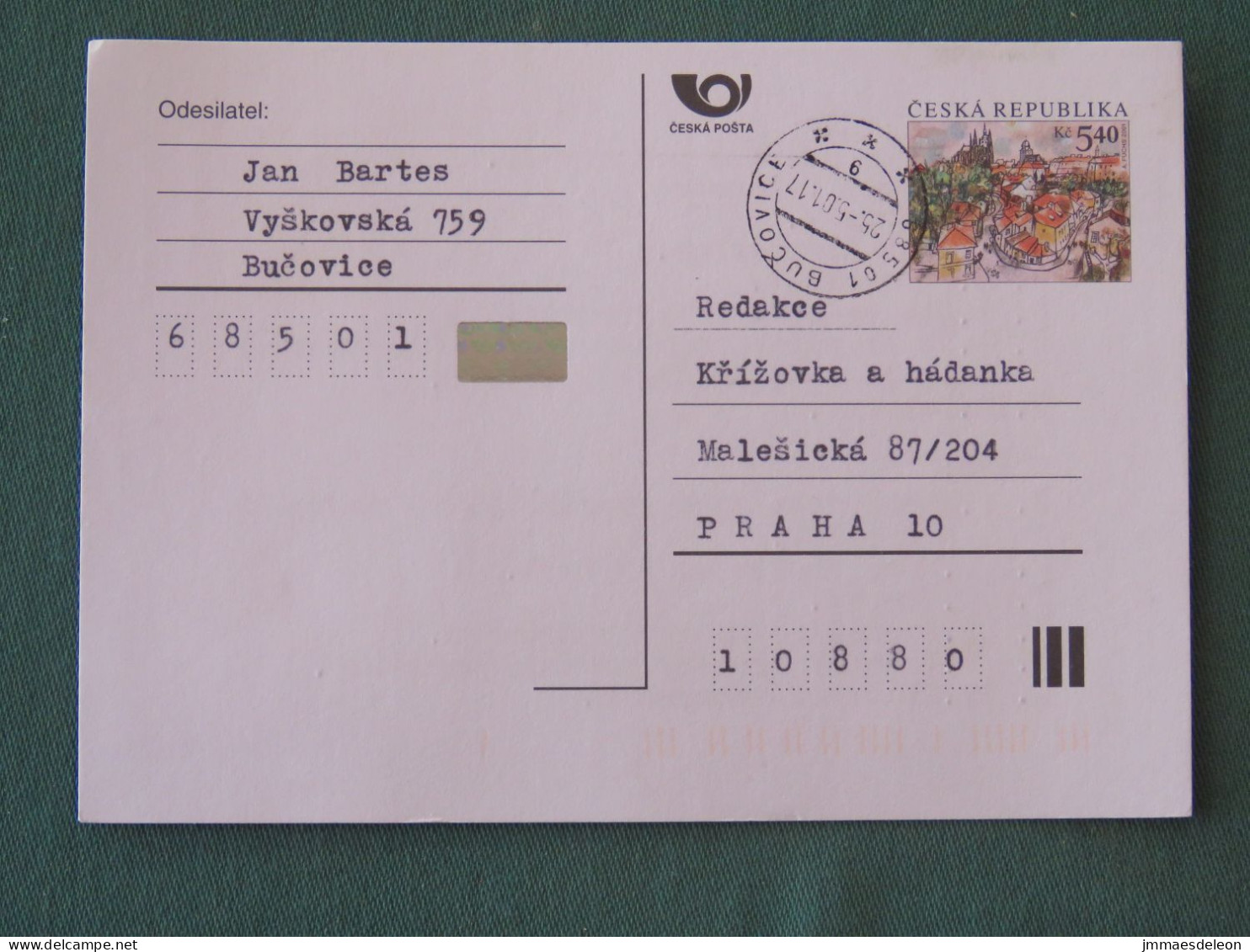 Czech Republic 2001 Stationery Postcard 5.40 Kcs Prague Sent Locally - Briefe U. Dokumente