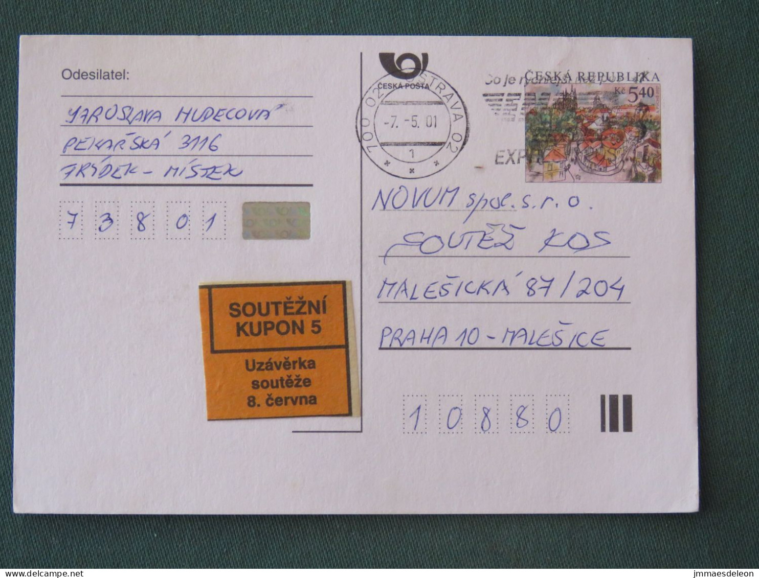 Czech Republic 2001 Stationery Postcard 5.40 Kcs Prague Sent Locally From Ostrava, EMS Slogan - Briefe U. Dokumente