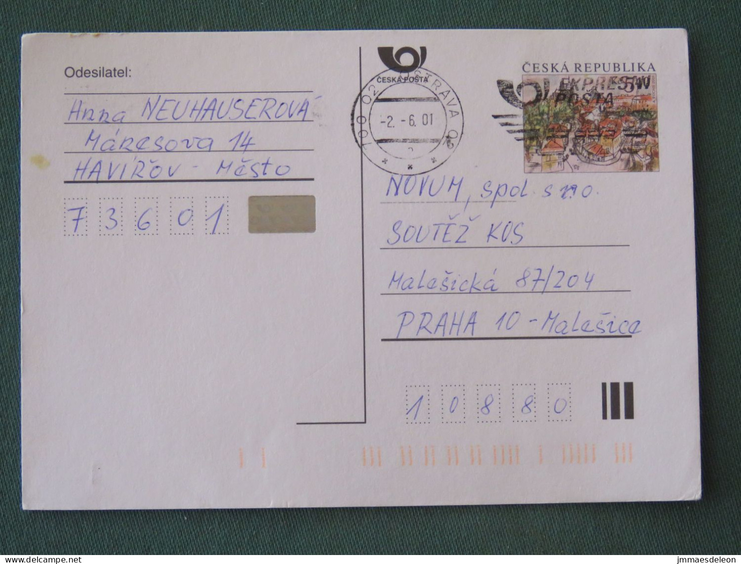 Czech Republic 2001 Stationery Postcard 5.40 Kcs Prague Sent Locally From Ostrava, EMS Slogan - Storia Postale