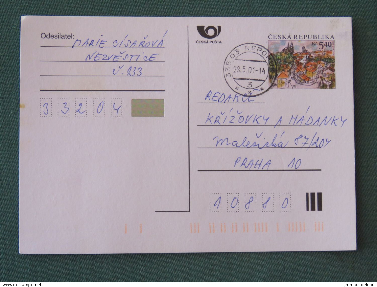 Czech Republic 2001 Stationery Postcard 5.40 Kcs Prague Sent Locally - Briefe U. Dokumente