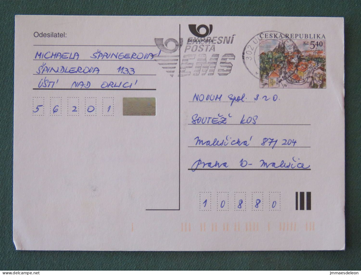 Czech Republic 2001 Stationery Postcard 5.40 Kcs Prague Sent Locally From Usti Nad Orlici, EMS Slogan - Lettres & Documents