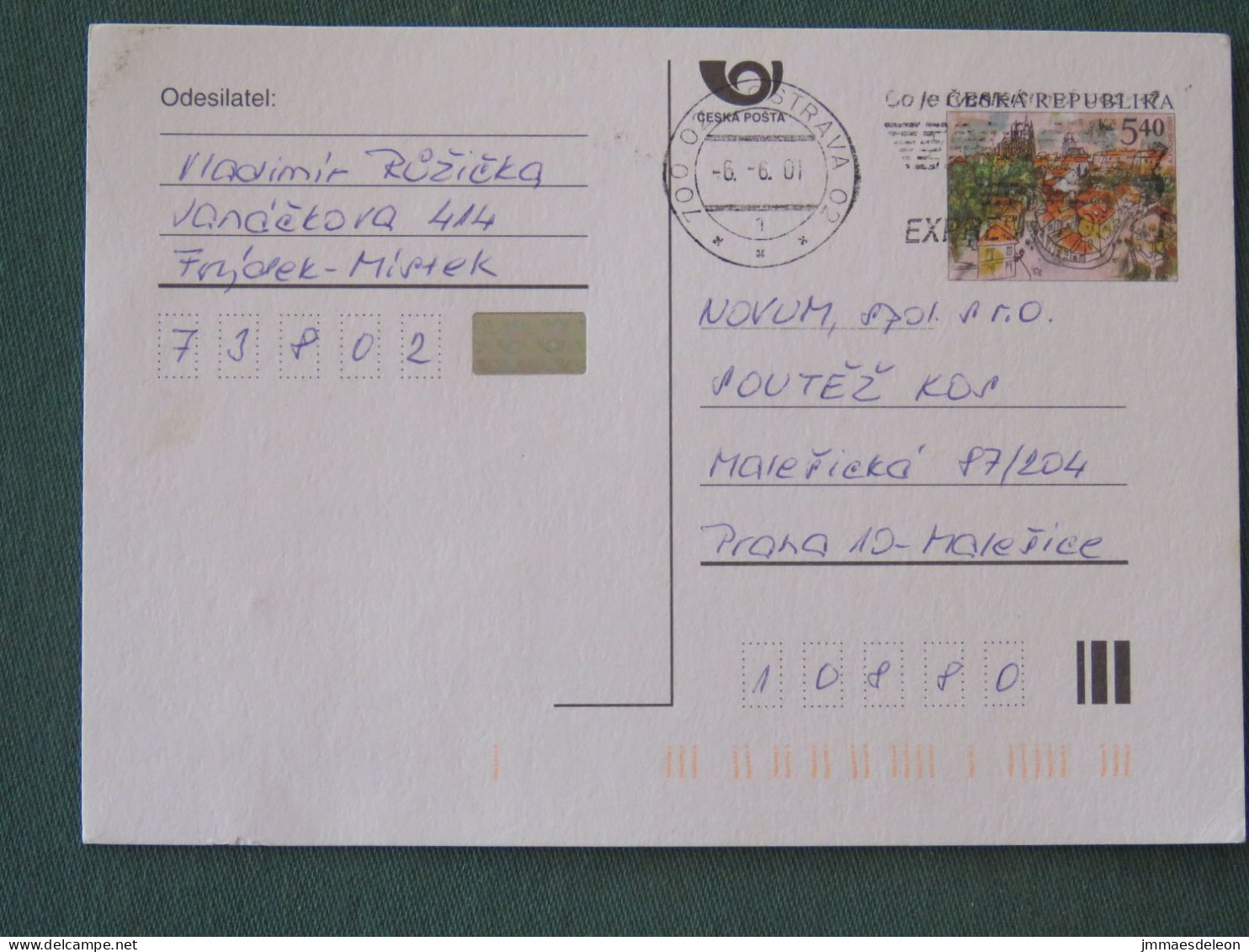 Czech Republic 2001 Stationery Postcard 5.40 Kcs Prague Sent Locally From Ostrava, EMS Slogan - Lettres & Documents