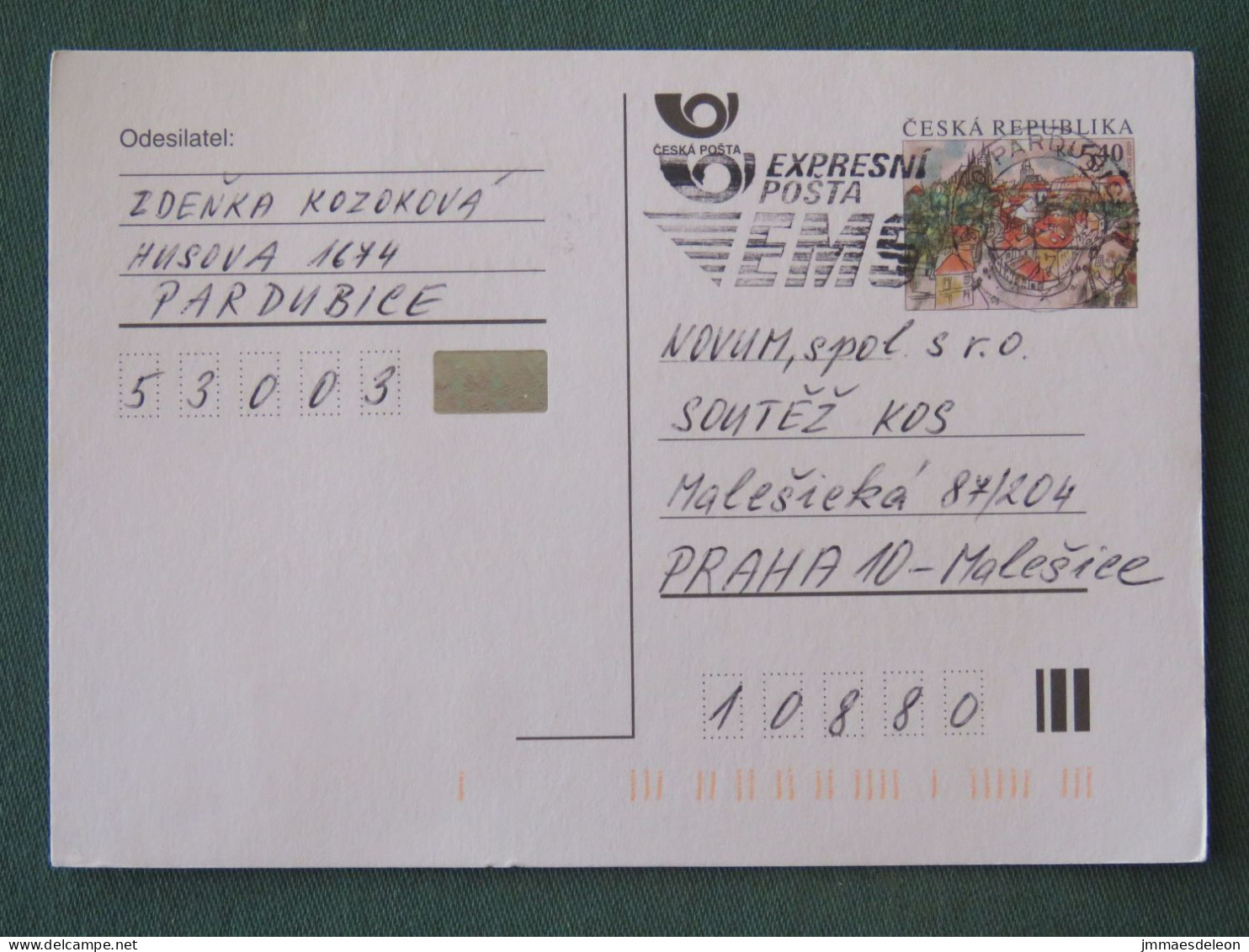 Czech Republic 2001 Stationery Postcard 5.40 Kcs Prague Sent Locally From Pardubice, EMS Slogan - Covers & Documents