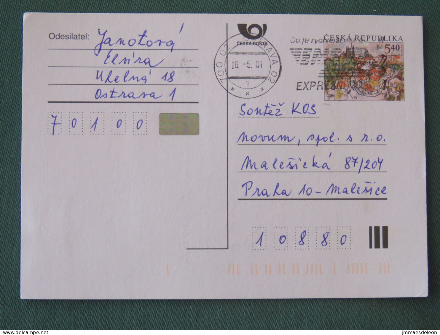 Czech Republic 2001 Stationery Postcard 5.40 Kcs Prague Sent Locally From Ostrava, EMS Slogan - Briefe U. Dokumente